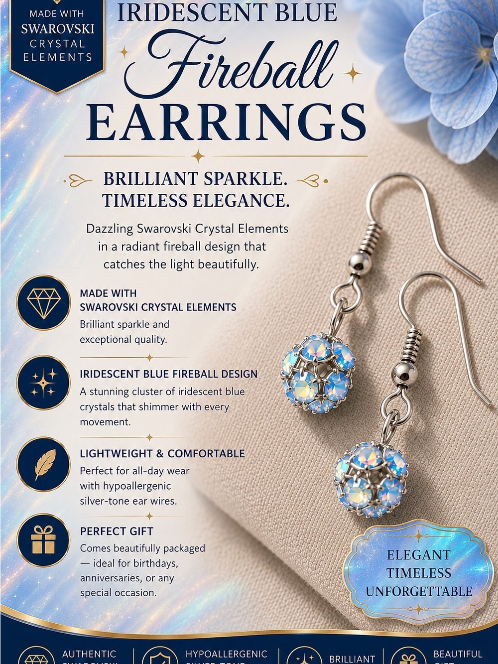 Iridescent Blue Fireball Drop Earrings - Sparkling Crystal Cluster